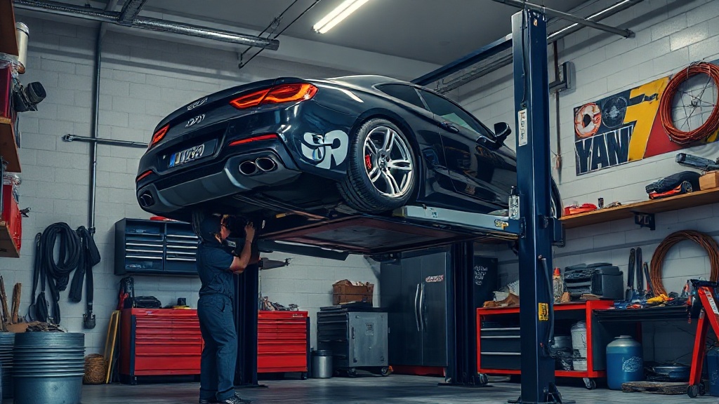 Tuner car on a lift in a modification garage bay