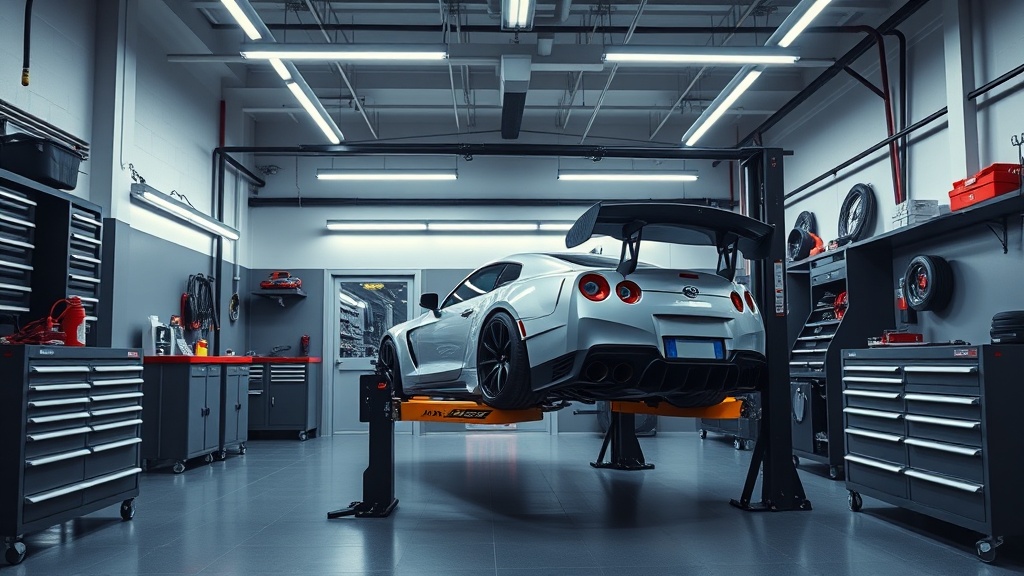 Modern performance tuner car shop with a sports car on a lift